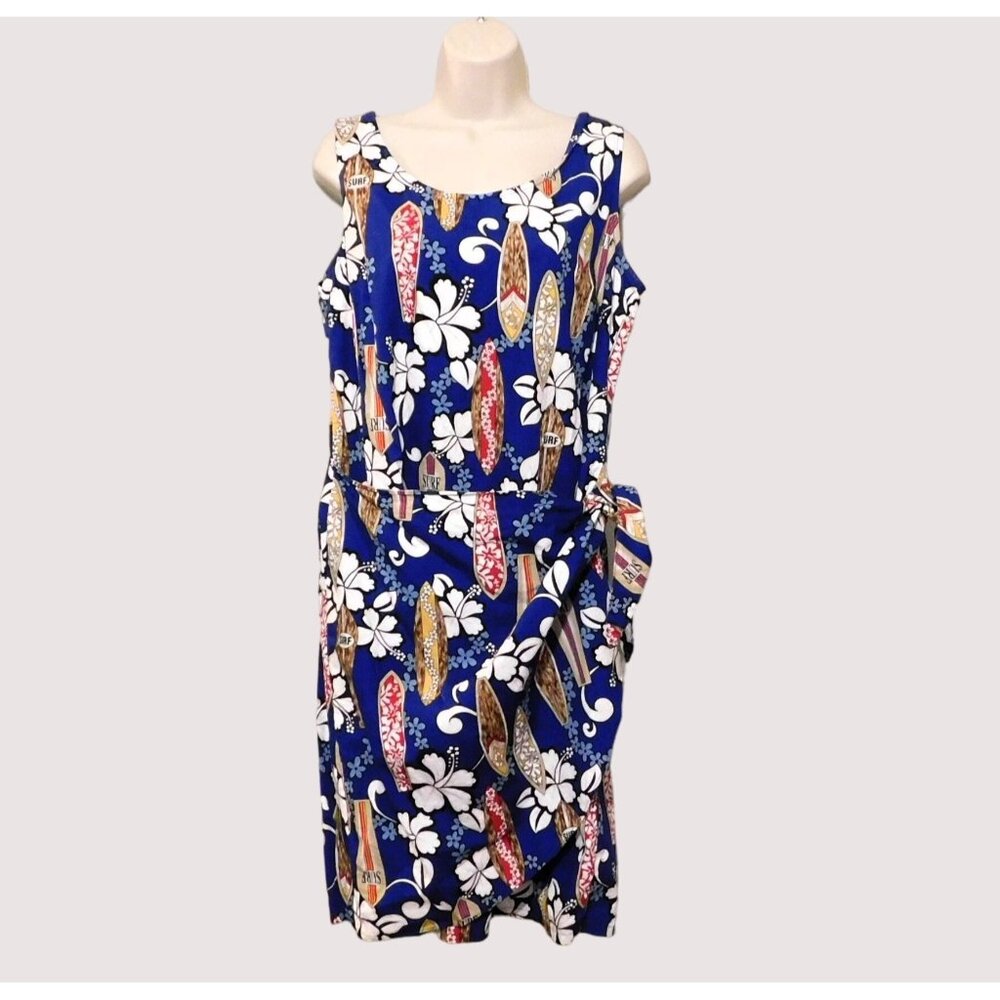 Hilo Hattie Hawaiian Dress L Blue Surfboard Floral Print Sleeveless Wrap Cotton